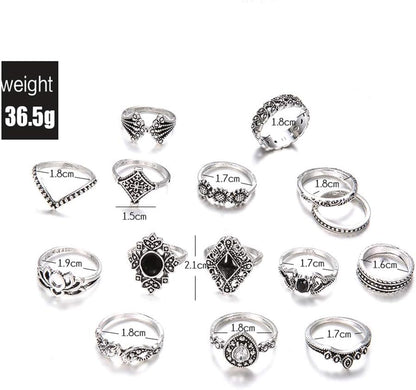 Aimimier 15 Pcs Bohemian Stackable Joint Knuckle Ring Set Crystal Carved Midi Ring Punk Finger Rings for Women
