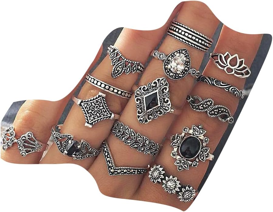 Aimimier 15 Pcs Bohemian Stackable Joint Knuckle Ring Set Crystal Carved Midi Ring Punk Finger Rings for Women