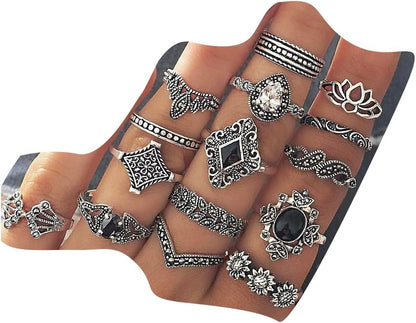Aimimier 15 Pcs Bohemian Stackable Joint Knuckle Ring Set Crystal Carved Midi Ring Punk Finger Rings for Women