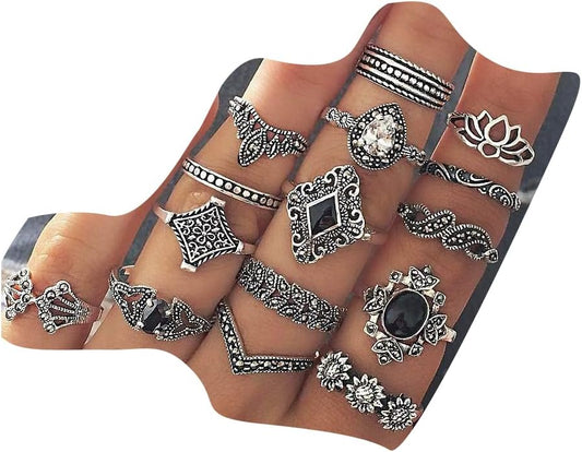 Aimimier 15 Pcs Bohemian Stackable Joint Knuckle Ring Set Crystal Carved Midi Ring Punk Finger Rings for Women