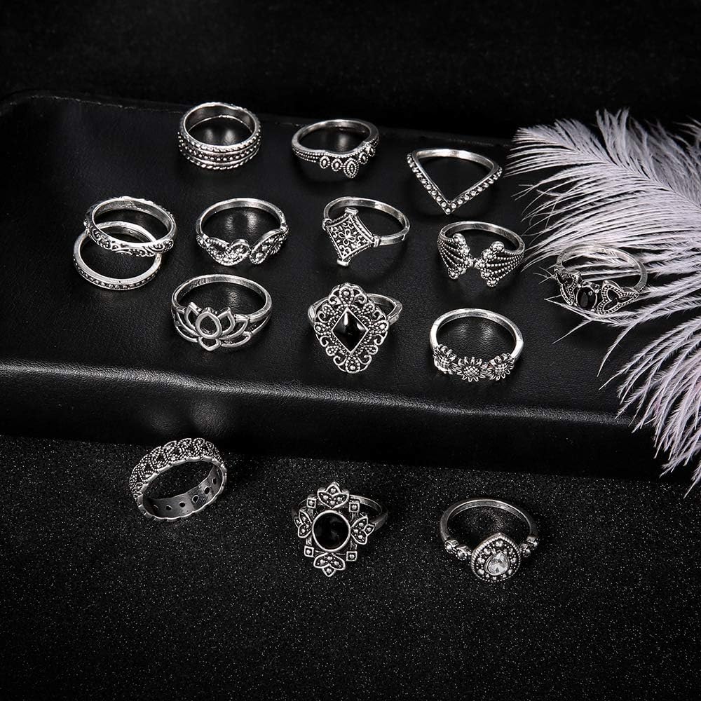 Aimimier 15 Pcs Bohemian Stackable Joint Knuckle Ring Set Crystal Carved Midi Ring Punk Finger Rings for Women