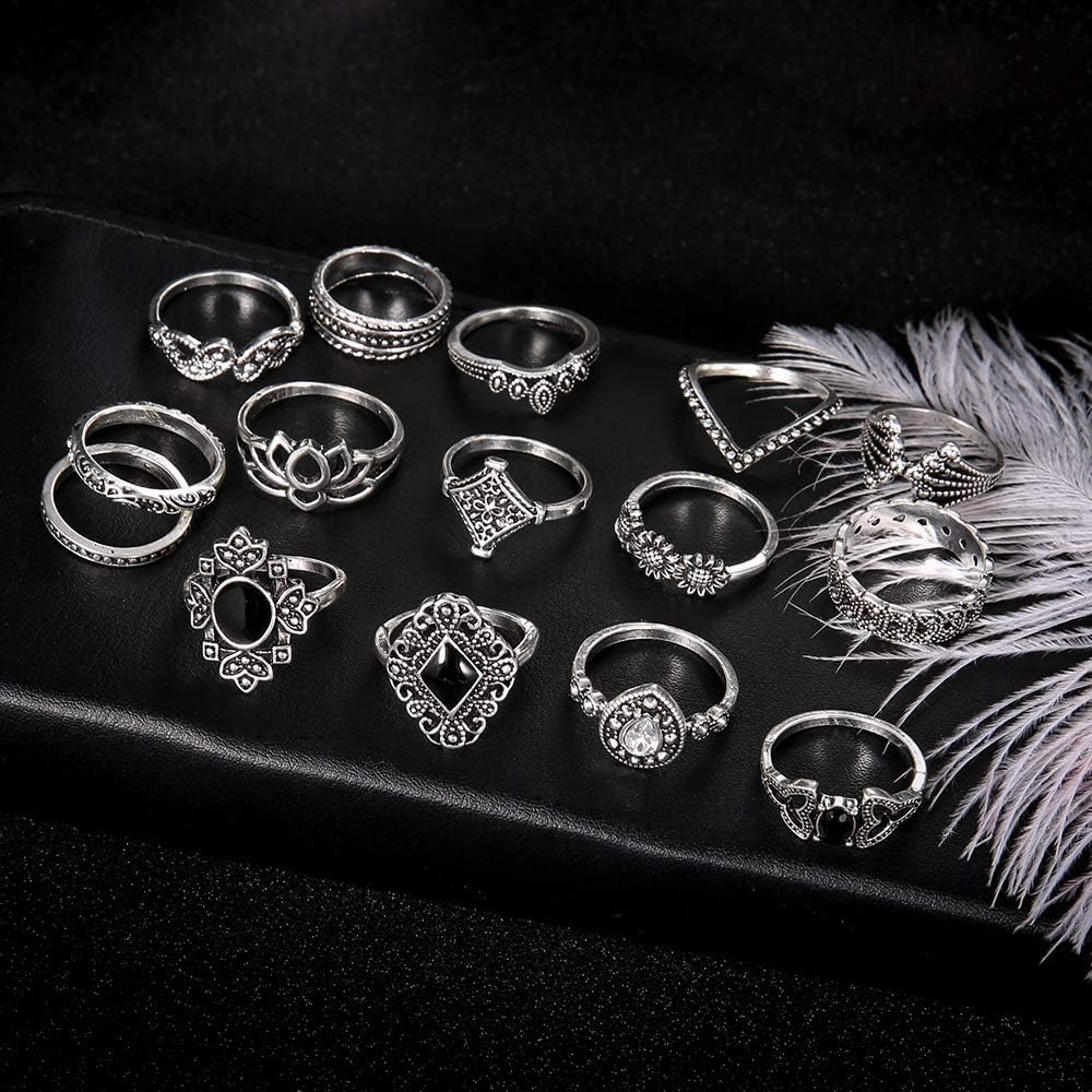 Aimimier 15 Pcs Bohemian Stackable Joint Knuckle Ring Set Crystal Carved Midi Ring Punk Finger Rings for Women
