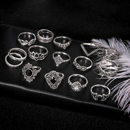 Aimimier 15 Pcs Bohemian Stackable Joint Knuckle Ring Set Crystal Carved Midi Ring Punk Finger Rings for Women