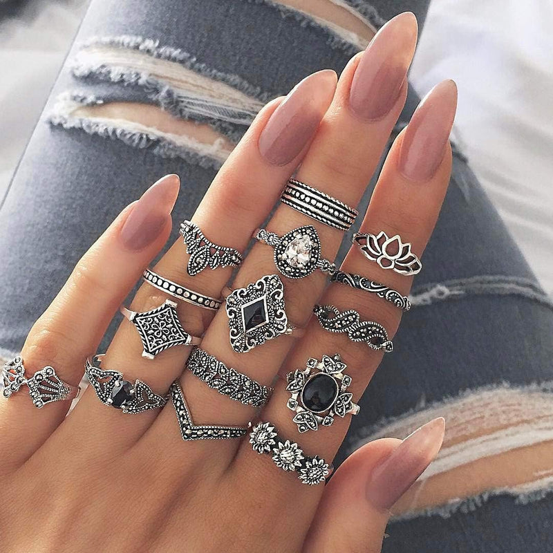 Aimimier 15 Pcs Bohemian Stackable Joint Knuckle Ring Set Crystal Carved Midi Ring Punk Finger Rings for Women